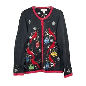 K I K‎ I T  Kikit Knitwear Christmas Cardigan Cardinals Bulbs Blinged L